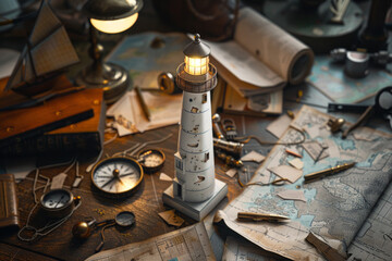 Fototapeta na wymiar A cluttered workspace, a single sturdy lighthouse figurine stands tall and unwavering on a weathered wooden desk. Its beacon, a miniature LED light, casts a steady glow across the chaotic scene