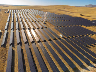 Solar panel rows aerial view. Photovoltaic panels farm from sky, diagonal rows for renewable solar...