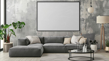 The allure of an empty frame mock-up adds an element of intrigue to a minimalist living room design.