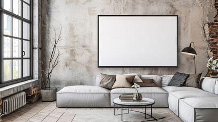 The allure of a blank canvas awaits within the confines of a modern living room with an empty frame mock-up.
