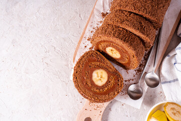 Banana Chocolate Swiss Roll Cake, Sponge Roll with Chocolate Filling