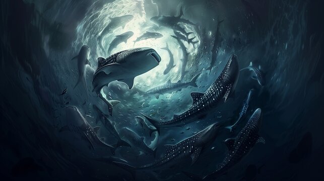 A group of whale sharks swimming in a spiral format.