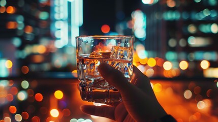 Shot against a backdrop of sparkling city lights, a hand reaches for a sleek glass of crystal-clear alcohol over ice
