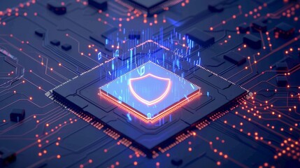 Illuminated Shield Symbol on Microchip - Electronic Defense, Secure Technology, Computer Hardware - electronics, technology.