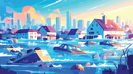 Flood natural disaster in cartoon city concept. Cit - obrazy, fototapety, plakaty