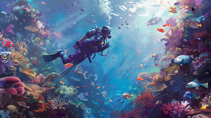 A diver exploring a vibrant coral reef filled with colorful fish and marine creatures.