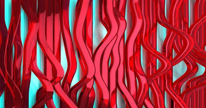 Long red glass shiny ribbon lines wriggle like waves on a light background, abstract colored background with stripes, loop animation, top view, 3d rendering