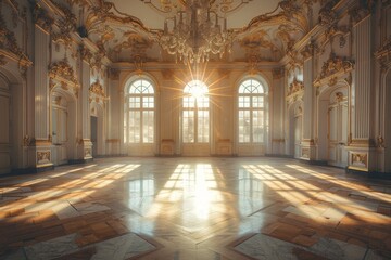 The sun shines through the windows of a grand ballroom.