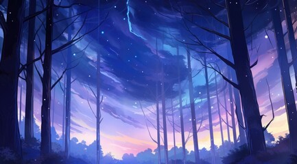 Celestial aurora borealis lights enchant an elevated forest canopy