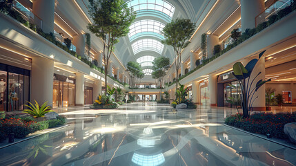 Big inner space, shopping mall, modern style architecture, glass atrium, botanical garden. Generative AI.