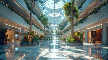 Big inner space, shopping mall, modern style architecture, glass atrium, botanical garden. Generative AI. - obrazy, fototapety, plakaty