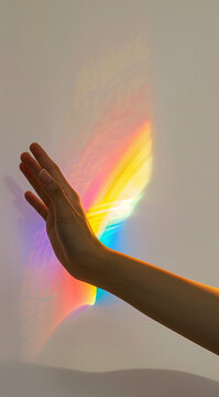 Hand illuminated by rainbow lights.Minimal creative LGBT support