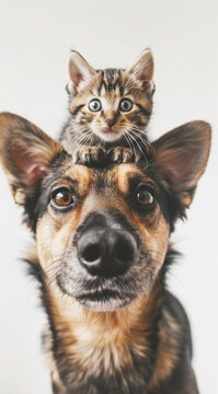 Dog and cat on his head— the best of friends. Minimal creative emotional and nature concept
