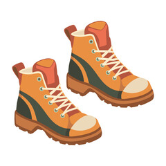 Hiking or trekking boots. Fashion casual walking footwear. Trendy trekking shoes with flat sole and laces. Vector flat hand draw illustration isolated on the white background