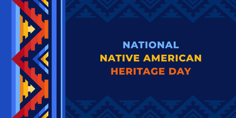 Native american heritage day greeting. Vector banner, poster, card, content for social media with the text Native american heritage day. Blue background with native ornament border.