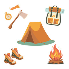 Camping, hiking items set. Summer travel and picnic stuff. Tourism and adventure accessories.
