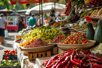 A vibrant outdoor market overflowing with fresh produce, exotic spices, and delectable treats.  - obrazy, fototapety, plakaty