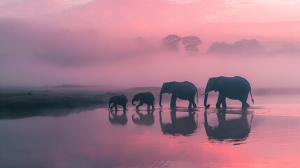 Elephant family crossing misty river at dawn, mirroring pink sky hues.