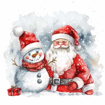 Watercolor illustration with Santa claus, snowman, for Christmas card design on white isolated