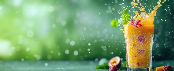Smoothie aux fruits avec mangue, fruit de la passion et framboise volant autour d'un verre, éclaboussures sur fond vert, image avec espace pour texte.