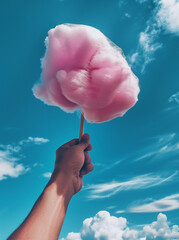 Hand holding cotton candy against clouds and blue sky..Minimal creative food and environment concept