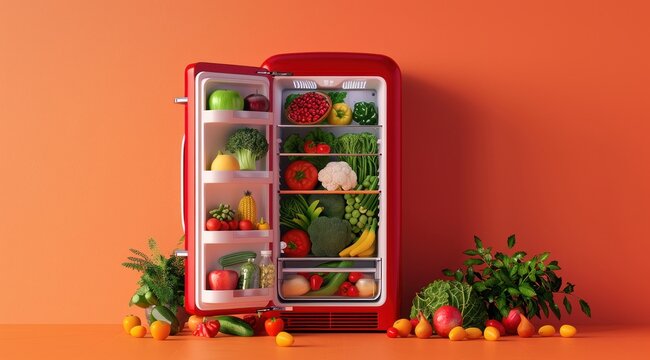 Illustration 3D d'un réfrigérateur rouge avec sa porte ouverte, rempli à ras bord de fruits et légumes frais sur un fond orange, image avec espace pour texte.