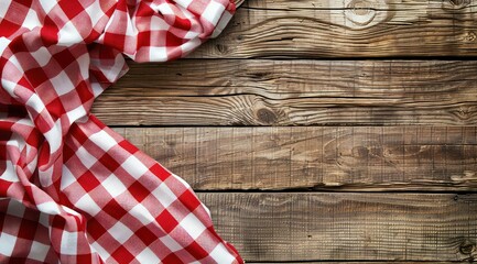 Nappe à carreaux rouges et blancs sur un fond rustique en bois, vue de dessus, concept de pique-nique vintage, image avec espace pour texte.