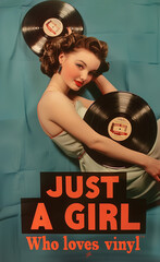 girl with vinyl record with text "Just a girl who loves vinyl".Minimal creative vintage party concept.