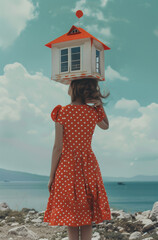 A woman with a house in her hands and on her head. Advertisement for real estate sales and rental agencies.Minimal creative advertise concept