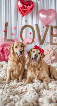 golden retriever dogs inloved 
In a romantic setting, with hearts, ribbons, and the text "love".Minimal creative emotional concept.