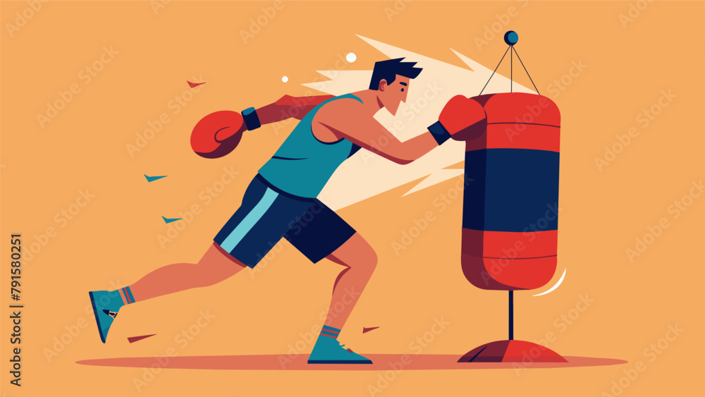 Poster a boxer throwing rapidfire combinations on a heavy bag focusing on power and speed while incorporati
