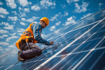 Solar panel installation by a technician in safety attire.