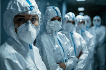 Group of healthcare workers in PPE suits ready for operation.