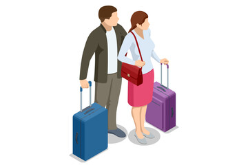 Isometric Tourist Travel Abroad in Free Time Rest Getaway Air Flight Trip Journey Concept. Couple Being Ready to go for their Holidays with Colorful Suitcases isolated on background