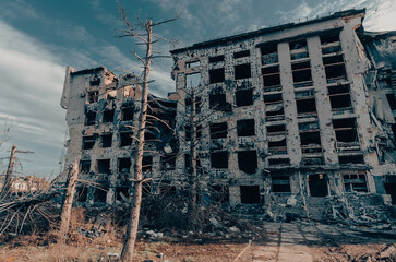 destroyed and burned houses in the city Russia Ukraine war