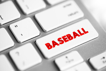 Naklejka premium Baseball is a bat-and-ball sport played between two teams of nine players each, taking turns batting and fielding, text concept button on keyboard