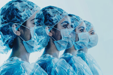 Multiple exposure image of healthcare professionals in personal protective equipment.