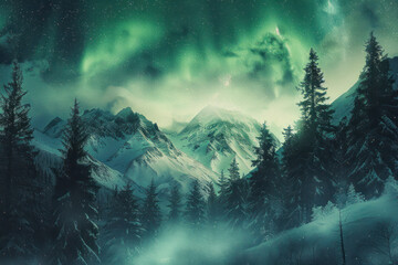 Aurora borealis over the frosty forest. Green northern lights above mountains.