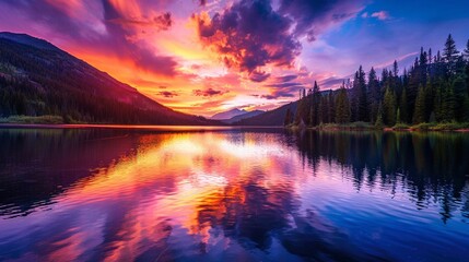 A serene lake reflects the fiery colors of a stunning sunset, interrupted only by the occasional...