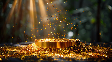 Golden light shining on a circular podium with gold glitter sprinkles of golden light