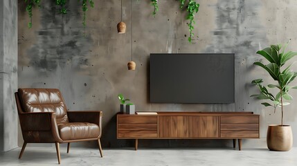Living room interior have wooden cabinet for tv and leather armchair in cement room with concrete wall