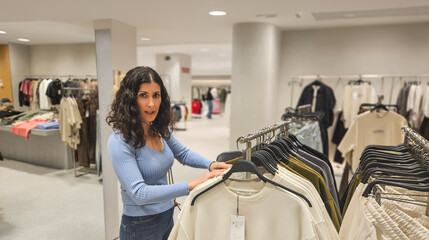 A Spanish woman in a shopping mall buys clothes and fashion of different kinds