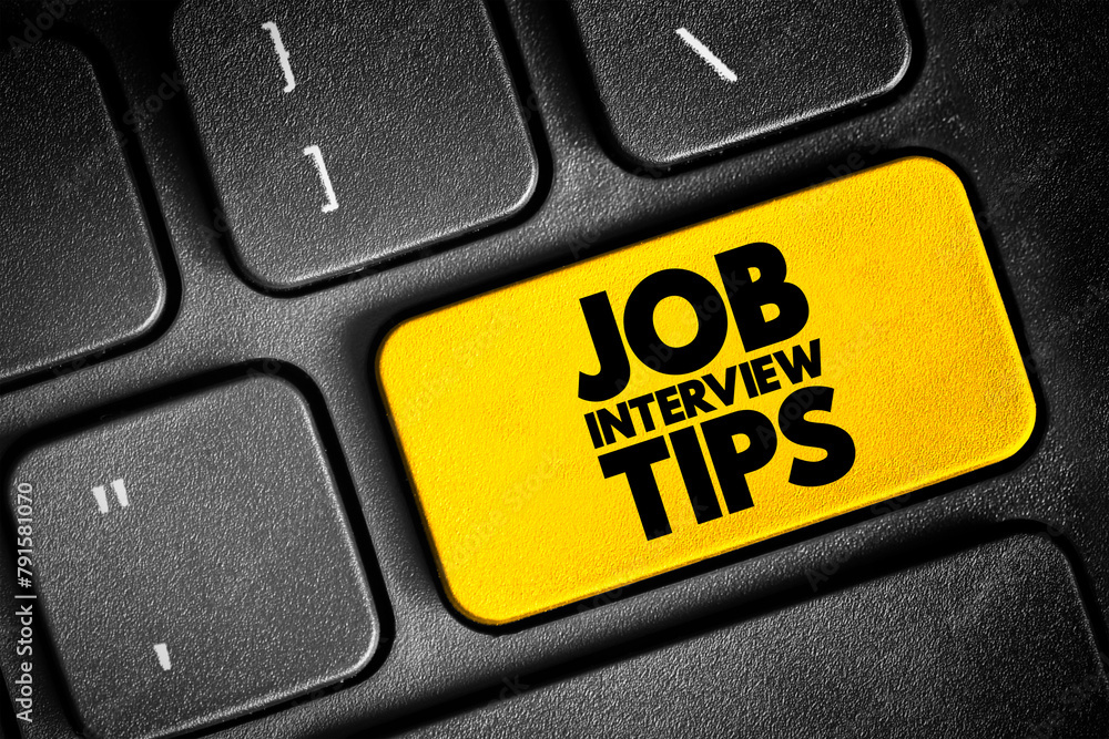 Poster job interview tips, text concept button on keyboard for presentations and reports