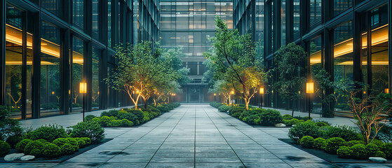 Nighttime Park with Illuminated Pathway, Green and Bright Outdoor Space in an Urban Garden - obrazy, fototapety, plakaty