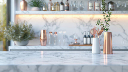 Bright classic bar interior with white marble counter
