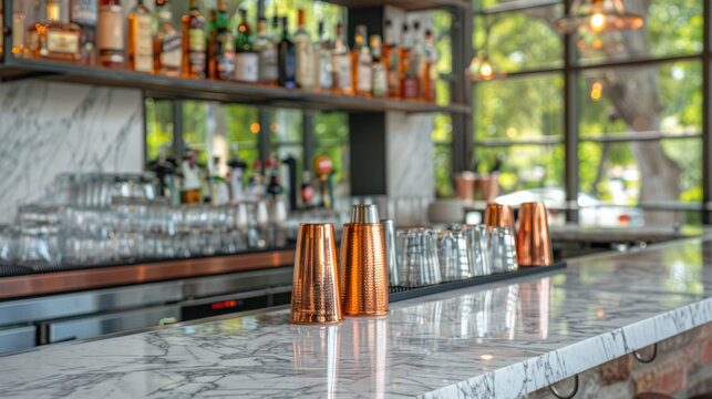 Marble bar counter with copper utensils and shelves of bottles