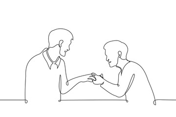 man showing ring to another man or gay engagement - one line art vector. concept men in love, a man admires his friend's engagement ring