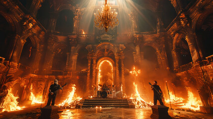 Death metal band performing in burning cathedral