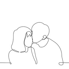 man kisses woman on the cheek - one line art vector. concept chaste kiss, relatives, congratulations