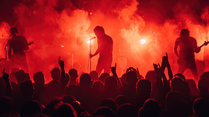 Fototapeta na wymiar Death metal musicians playing on red lit scene